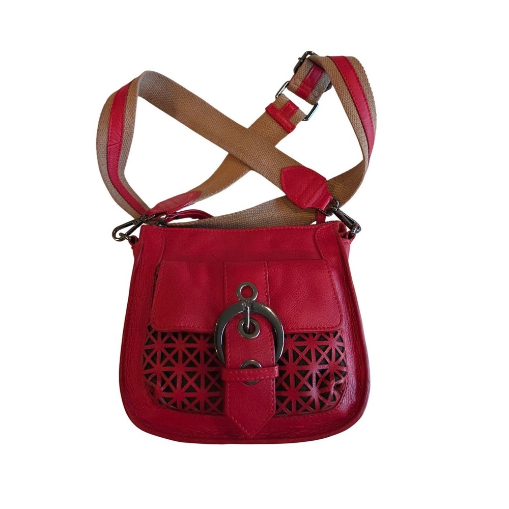 S.E.F New York Red Leather Laser Cut Crossbody Bag Buckle Strap Boho Fesyival‎